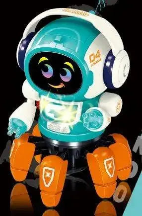 Toy robot with a colorful design on a reflective surface