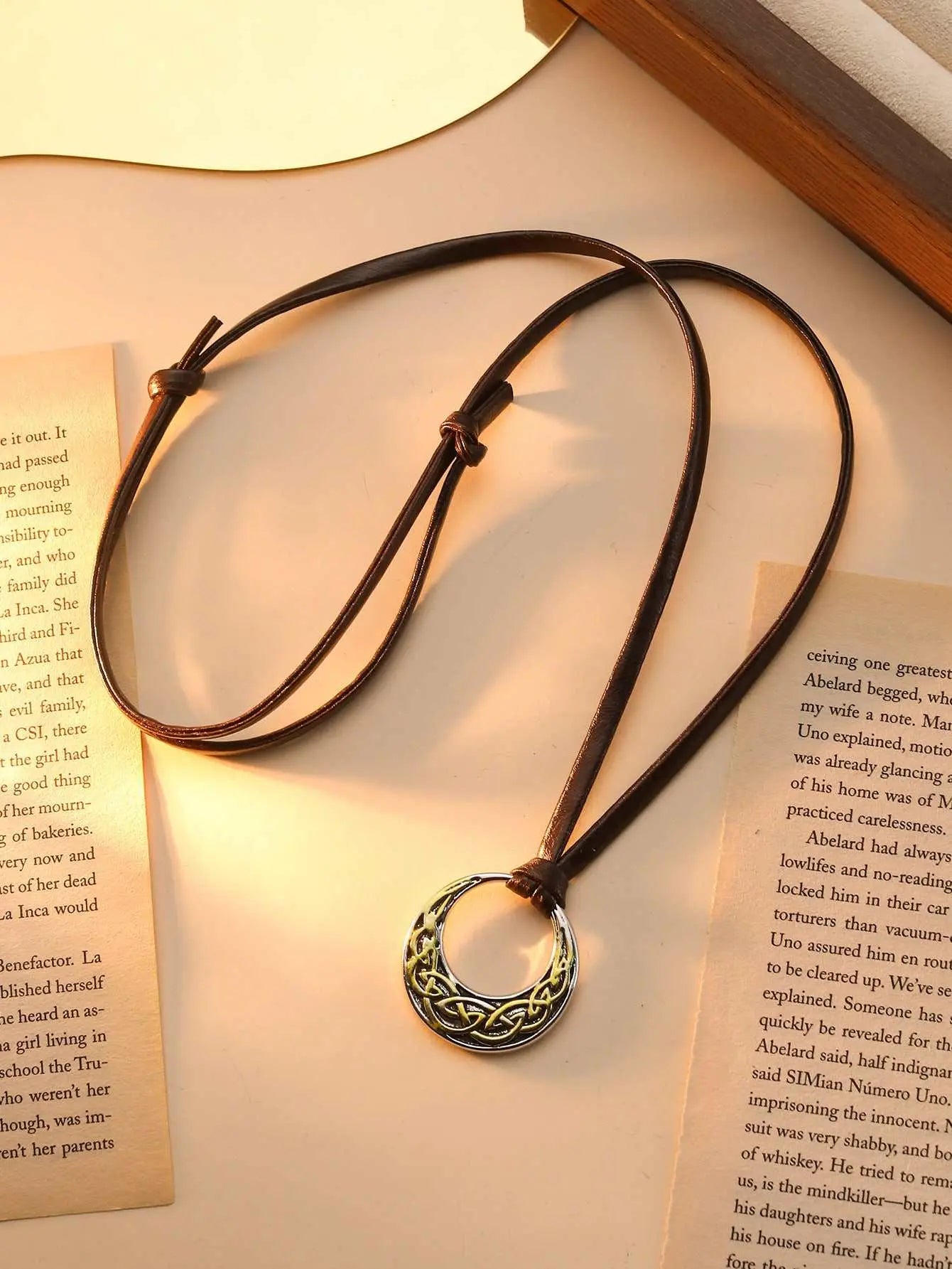 Nordic Ethnic Sweater Chain with round skull pendant and adjustable leather strap