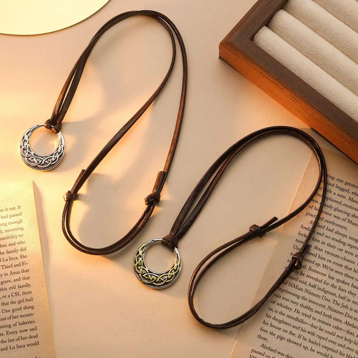 Nordic ethnic sweater chain with round skull pendant in antique silver and gold, adjustable length necklace
