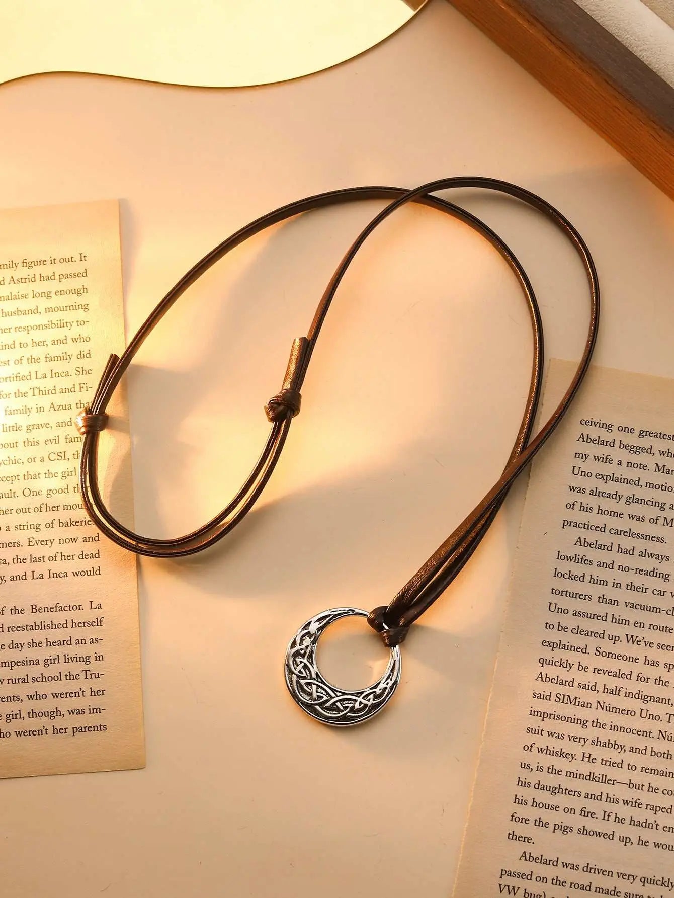 Nordic Ethnic Sweater Chain with round silver pendant and adjustable brown leather strap