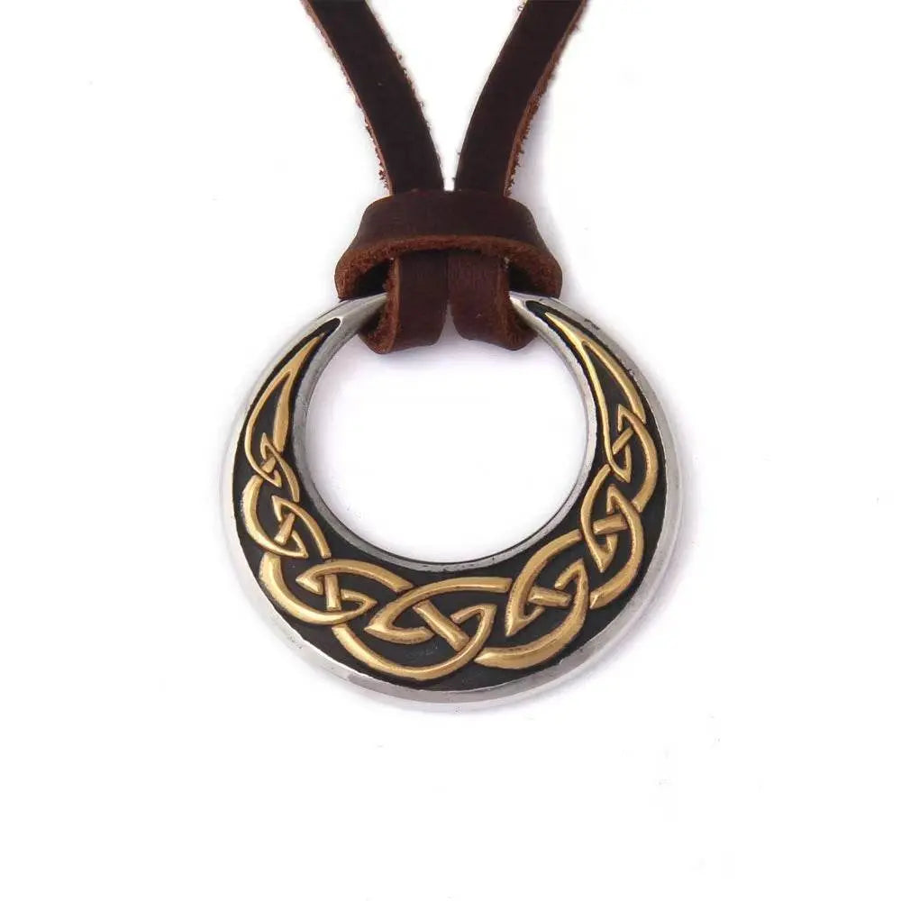 Nordic Ethnic Sweater Chain with round pendant and intricate gold knot design on leather cord