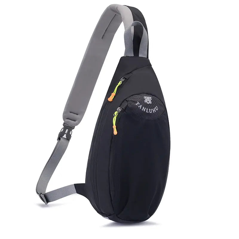 Black outdoor sling crossbody bag made of water-resistant nylon for hiking and cycling
