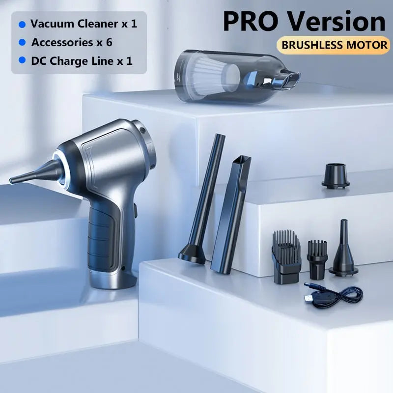 Vacuum cleaner set with accessories on a white shelf, featuring a brushless motor.