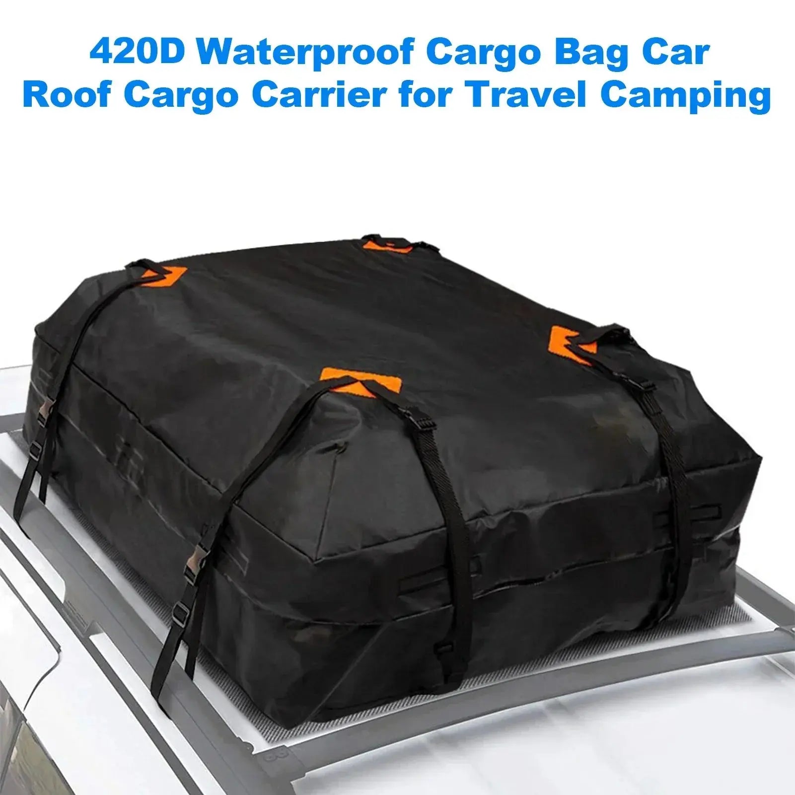 Black waterproof cargo bag on a car roof with text about its use for travel camping.