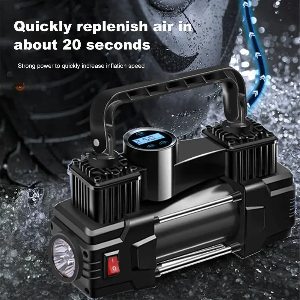 Black portable air compressor with digital display on a dark background
