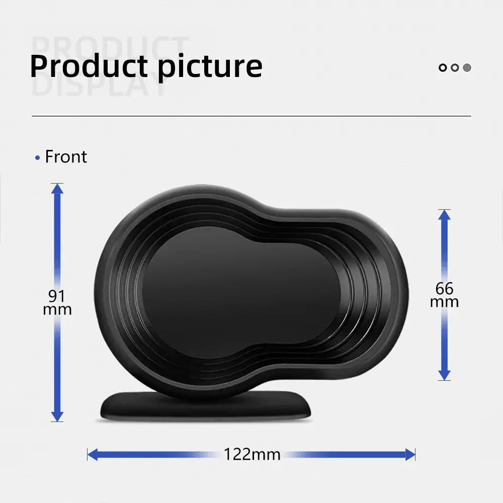 Black phone stand with dimensions on a gray background