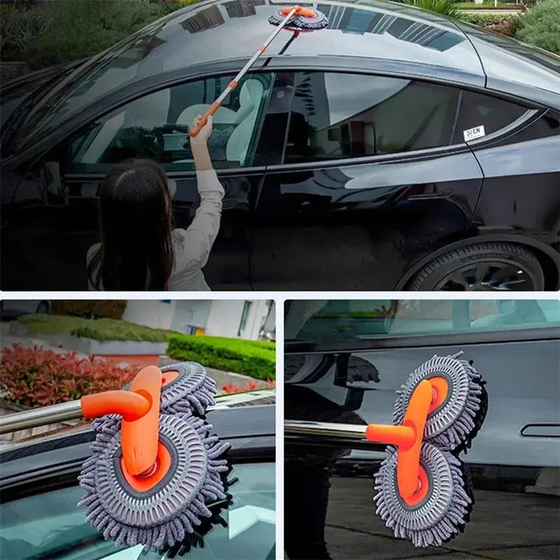 Car cleaning tool with bristle brush attachment being used on a car window.