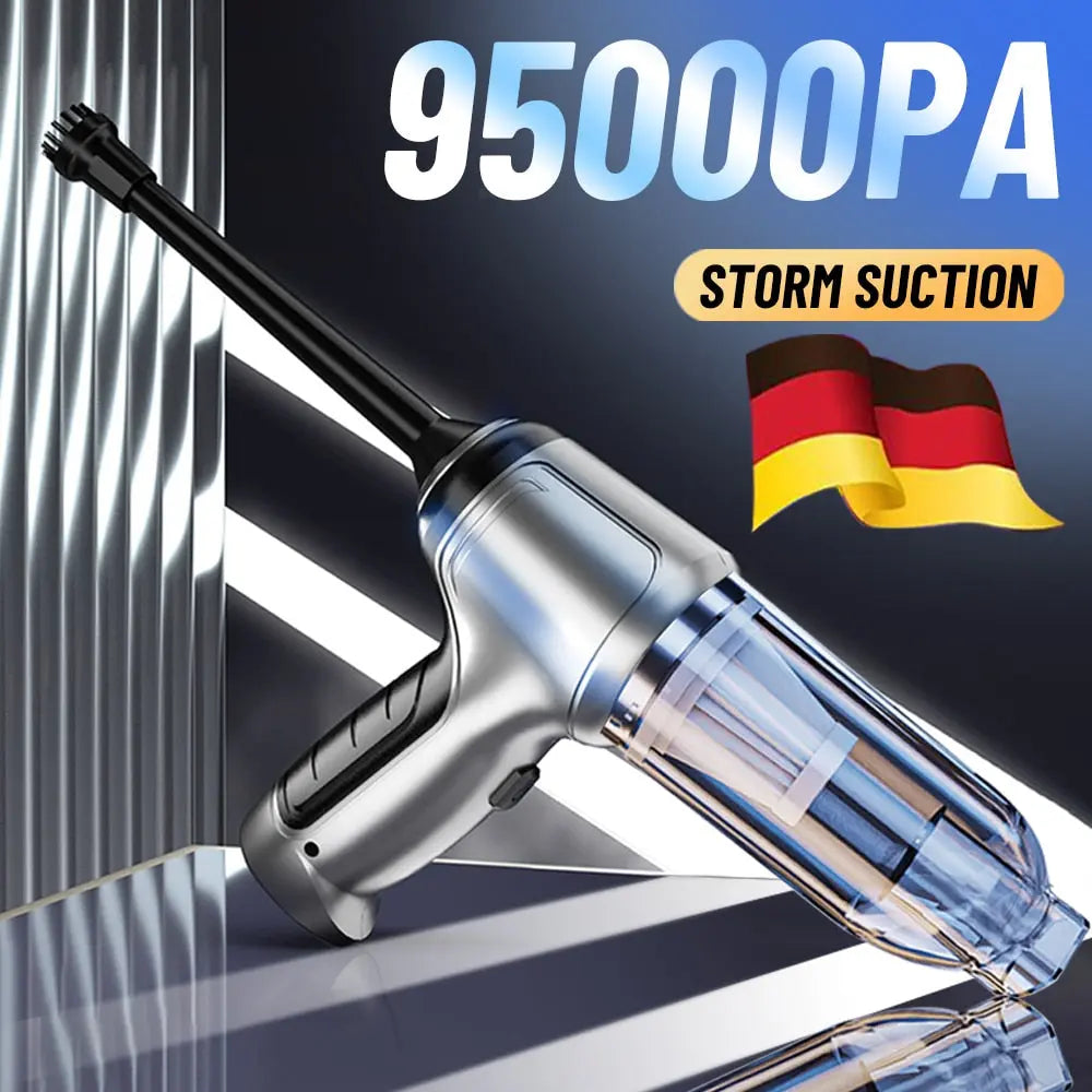 Handheld vacuum cleaner with '95000PA Storm Suction' text and German flag on a dark background