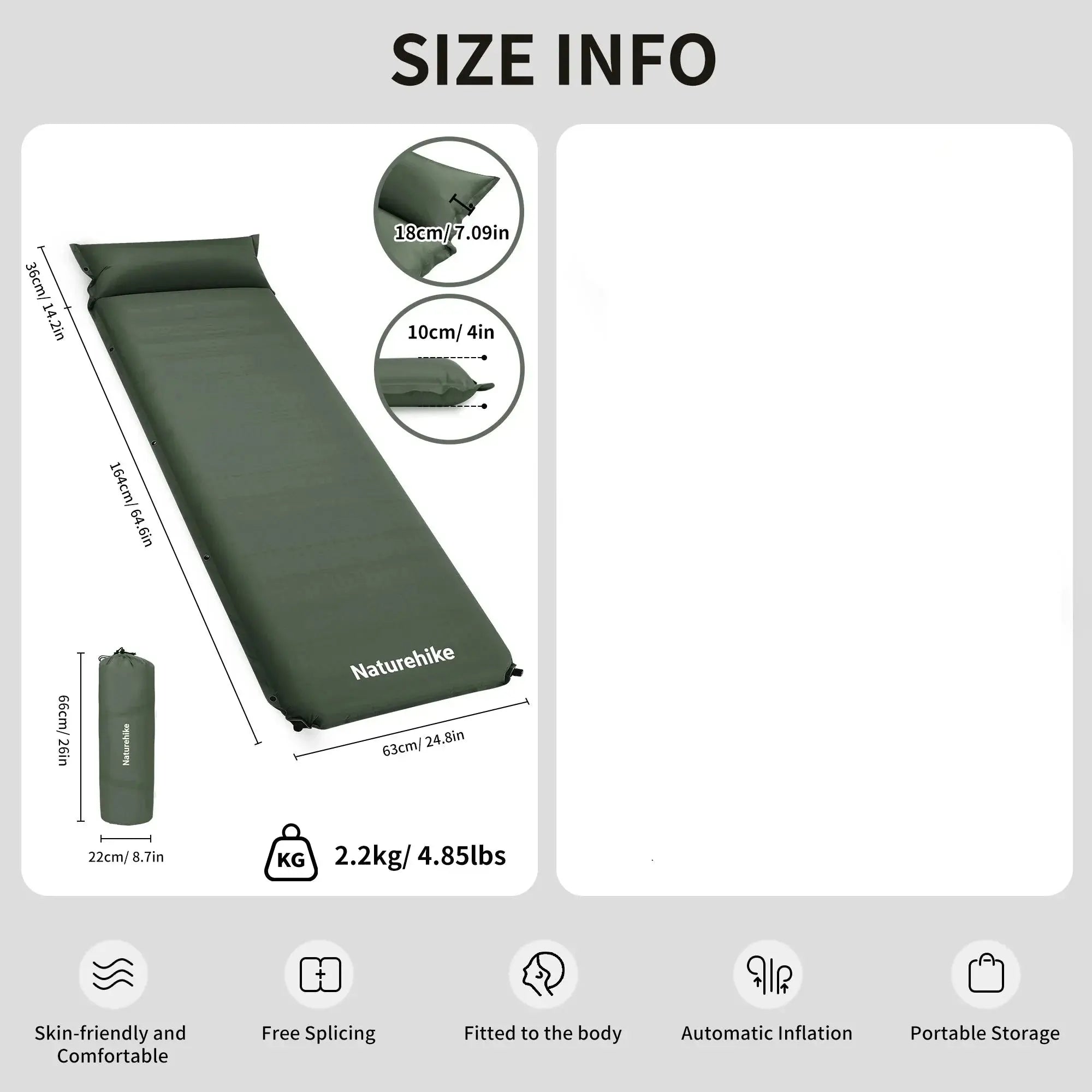 Green camping mat with size and feature information on a gray background