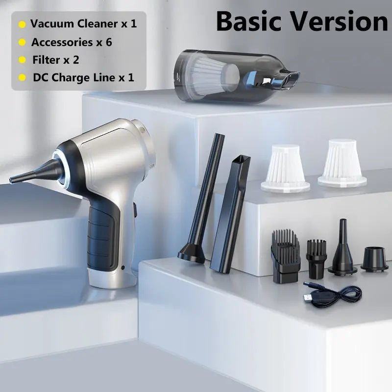 Vacuum cleaner set with accessories on a white shelf