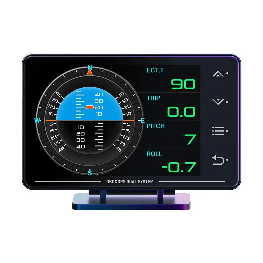 Digital instrument panel with various readings on a white background