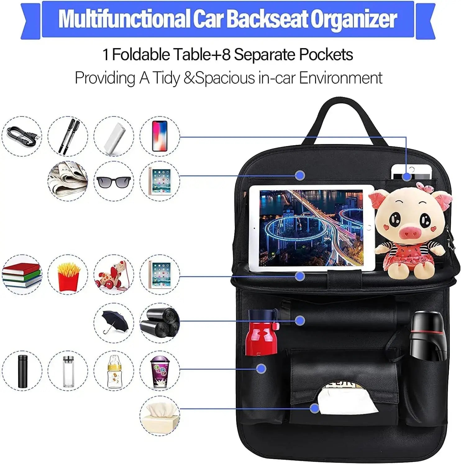 Multifunctional car backseat organizer with foldable table and separate pockets on a white background.