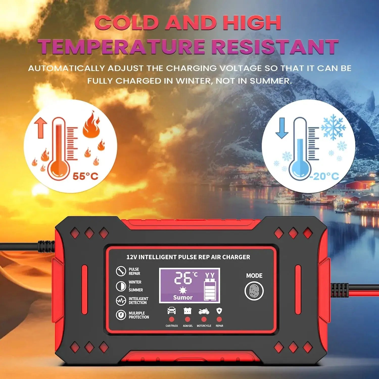 12V intelligent pulse repair air charger with temperature resistance features on a scenic background