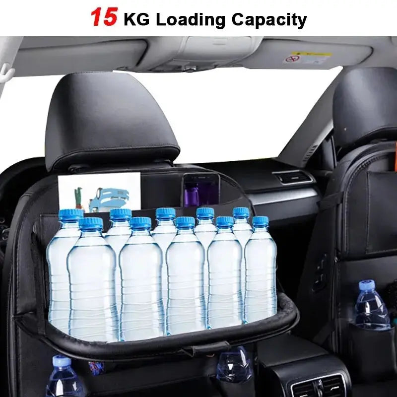 Car organizer with water bottles showing 15 KG loading capacity