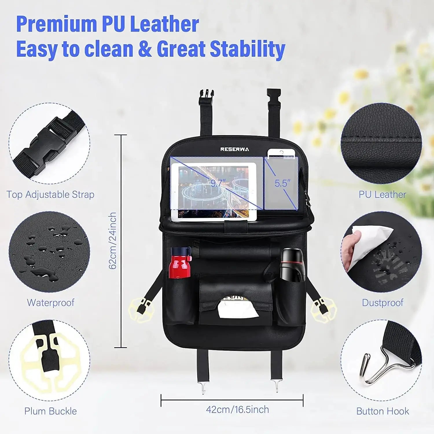 Black car backrest organizer with features highlighted on a light gray background