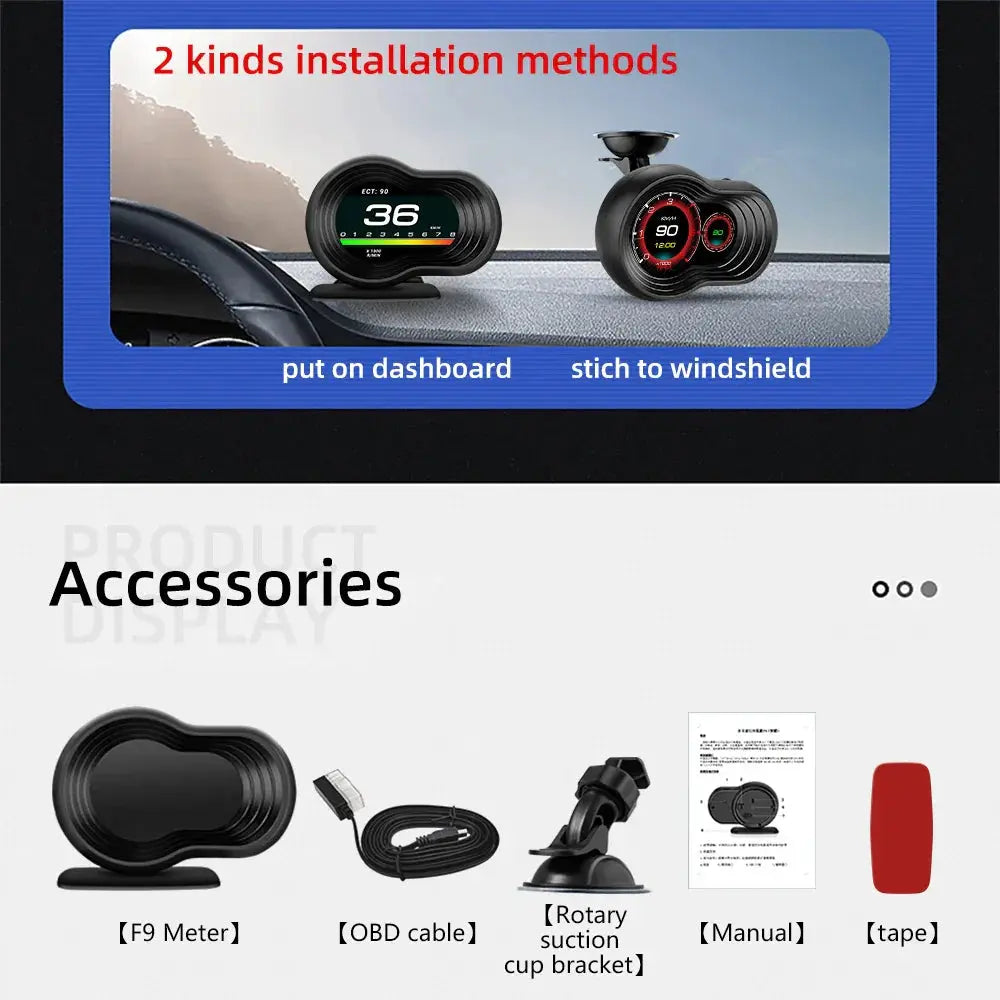 Car accessories including F9 Meter, OBD cable, rotary suction cup bracket, manual, and tape with installation methods on a dashboard.
