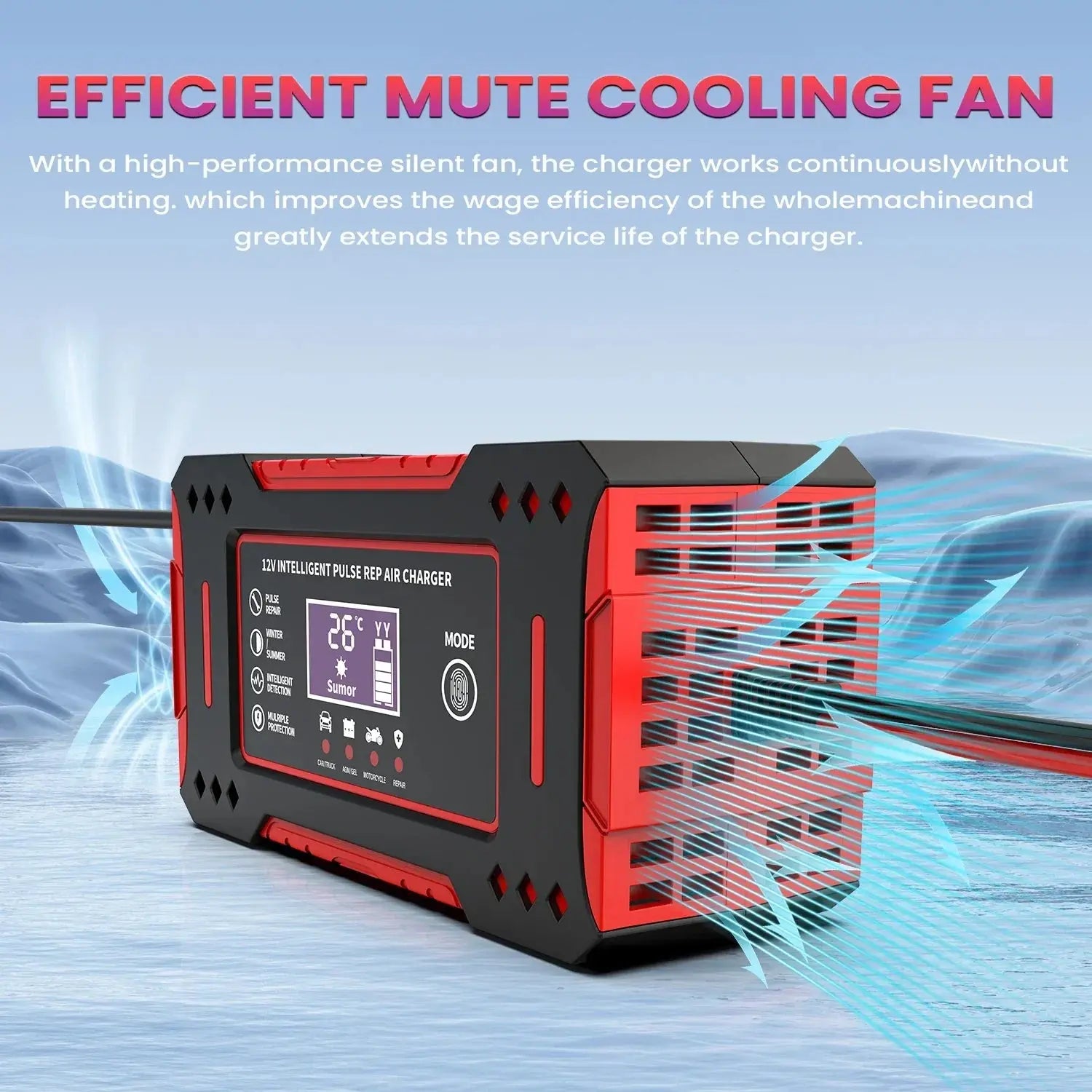 Red and black charger with cooling fan on a blue background