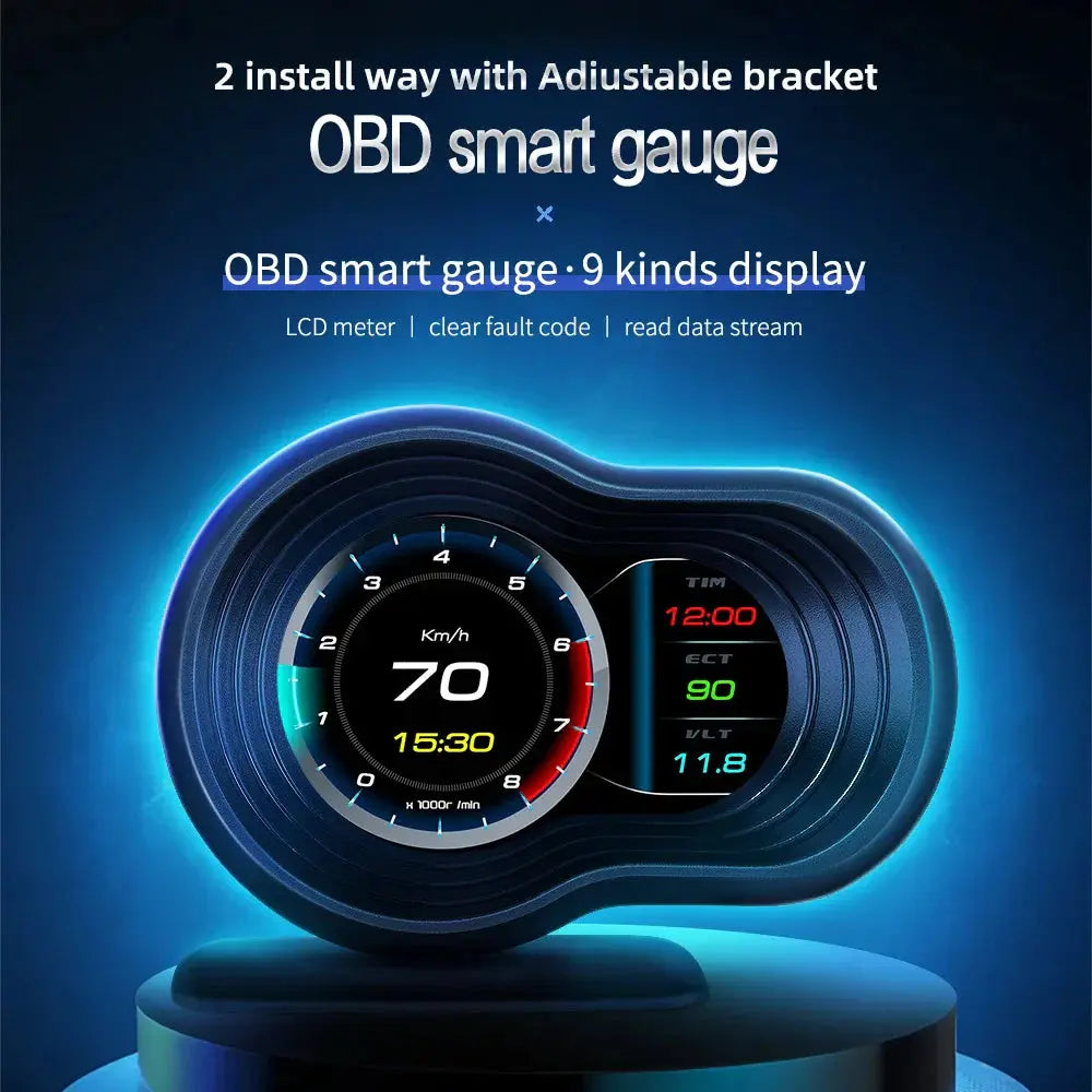 OBD smart gauge with multiple displays on a dark background