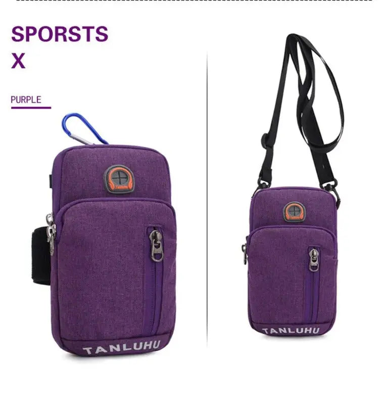 Purple crossbody bag with shoulder strap on a white background