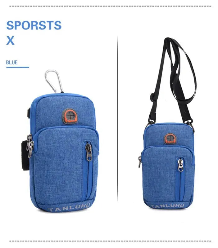 Blue crossbody bag with a strap on a white background