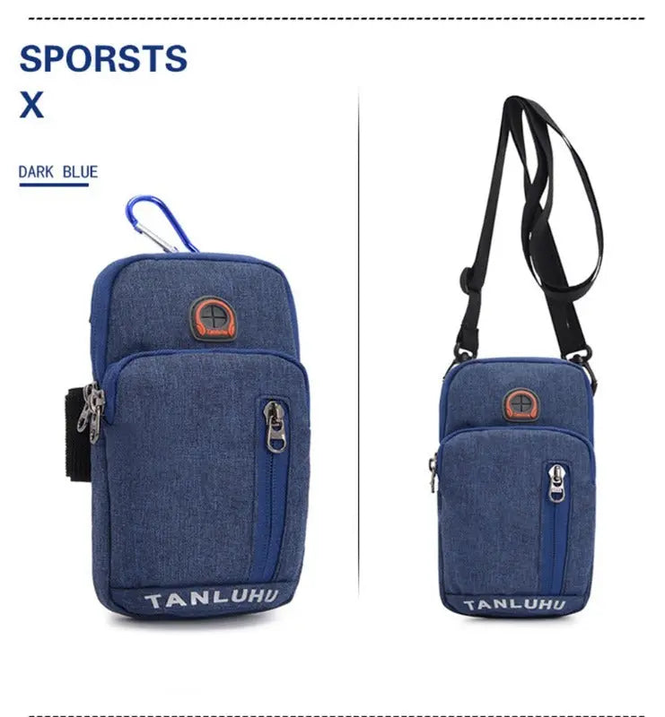 Dark blue crossbody bag with visible brand name on a white background