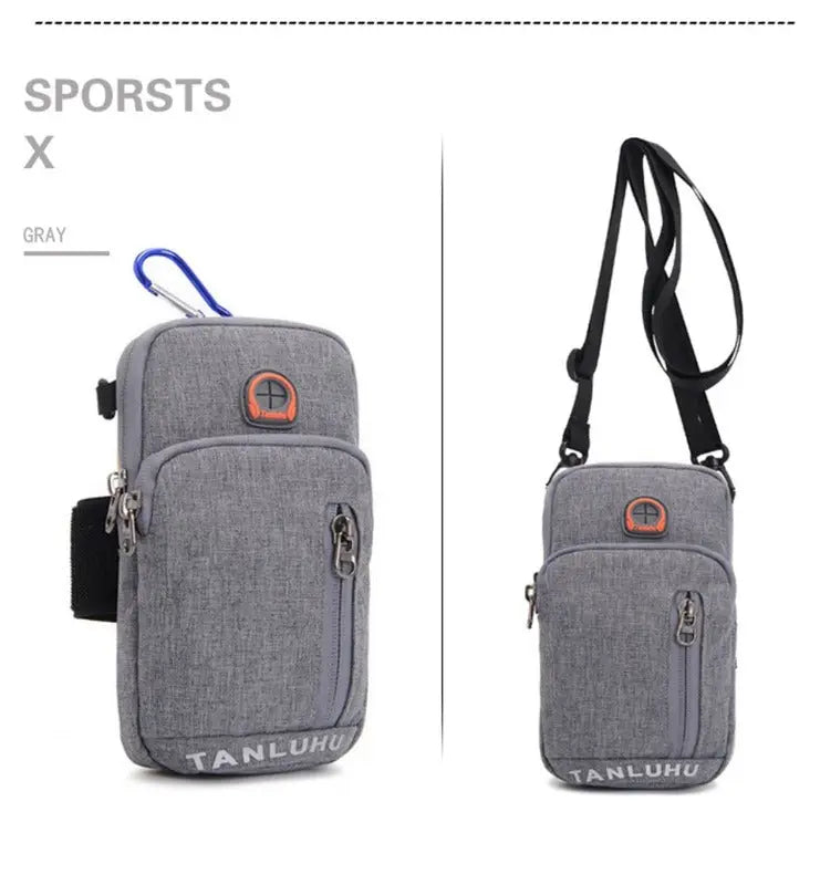 Gray crossbody bag with black strap and orange accents on a white background
