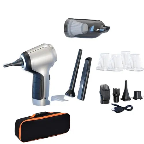 Set of a handheld vacuum cleaner with various attachments on a white background