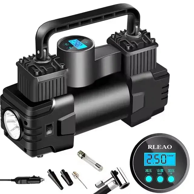 Black RLEAO air compressor with digital display and accessories on a white background