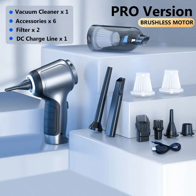 Vacuum cleaner set with accessories on a white background, featuring a brushless motor.