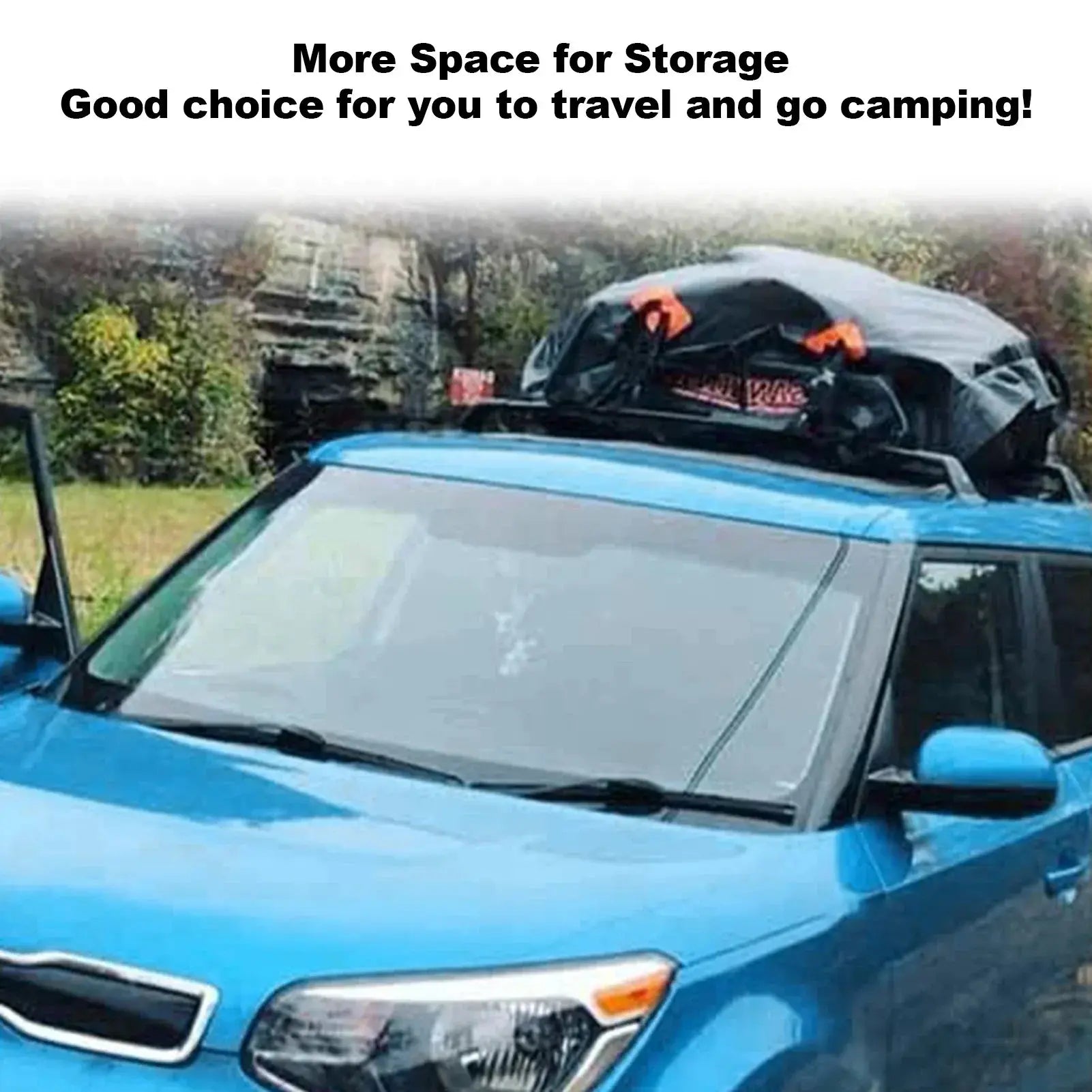 Car with a roof rack carrying camping gear, with text 'More Space for Storage Good choice for you to travel and go camping!'.