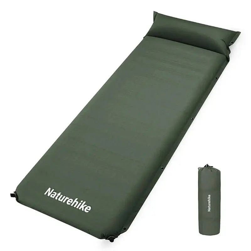Green camping mattress with pillow and Naturehike branding on a white background