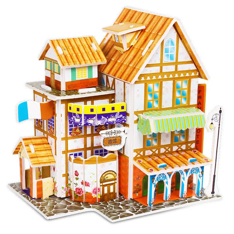 3D paper puzzle of a colorful French hotel building for kindergarten educational toy