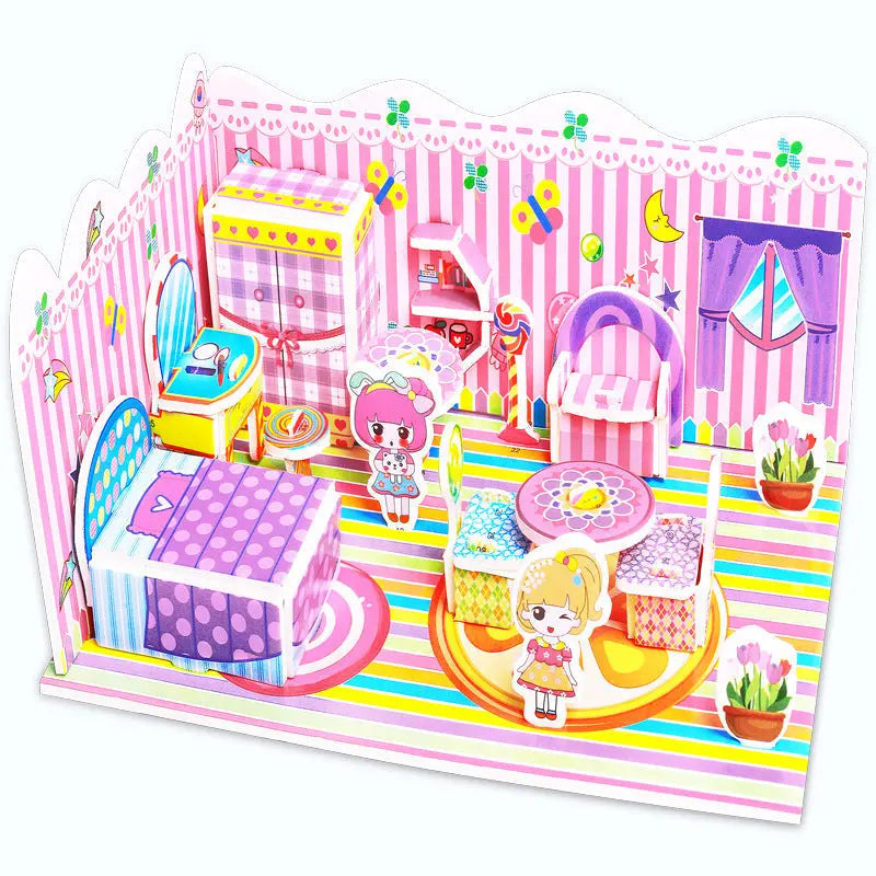 Colorful 3D paper puzzle of a pink-themed kids' bedroom with furniture and cartoon characters for educational play
