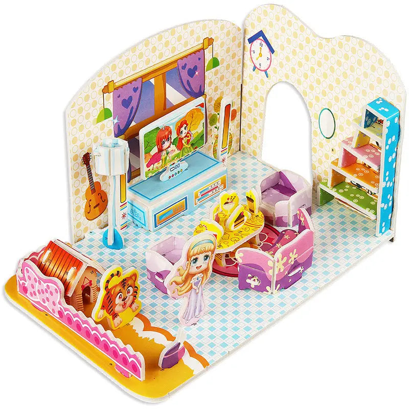 3D paper puzzle educational toy for kids featuring colorful living room scene