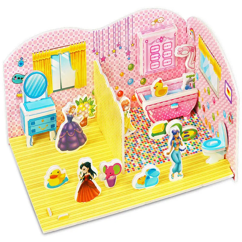 3D paper puzzle of a colorful dollhouse room with bathroom and bedroom furniture for kids educational play