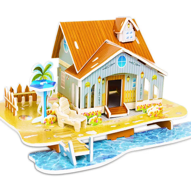 3D paper puzzle of a colorful beach house with deck and water scene educational toy for kids
