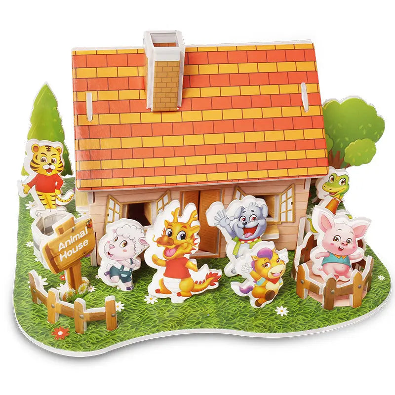 3D paper puzzle animal house with colorful cartoon characters for children's educational play