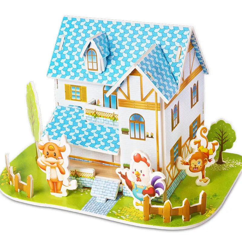 3D paper puzzle of a colorful house with animal characters for kindergarten educational toy