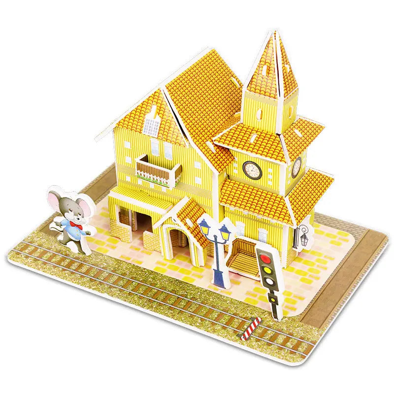 3D paper puzzle of a yellow building with clock tower and mouse figure educational toy for children