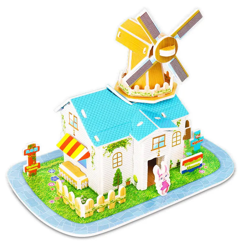 3D paper puzzle of a colorful windmill house model for children educational toys