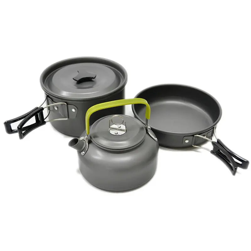 Compact ultra-light aluminum alloy camping cookware set with pot, frying pan, and teapot for outdoor cooking