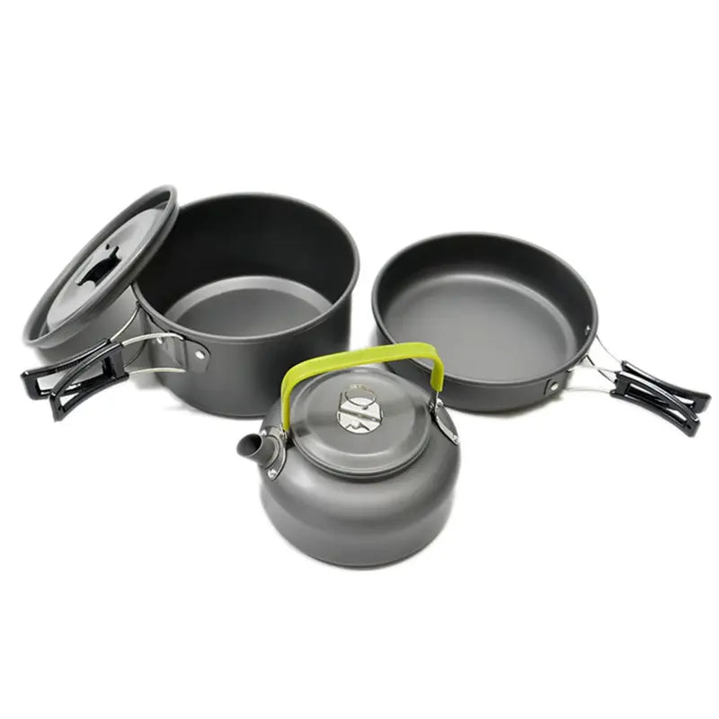 Ultra-light aluminum alloy camping cookware set with pot, frying pan, and teapot for outdoor cooking