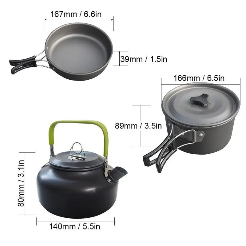 Ultra-light aluminum alloy camping cookware set with pot, frying pan, and teapot for 2-3 people