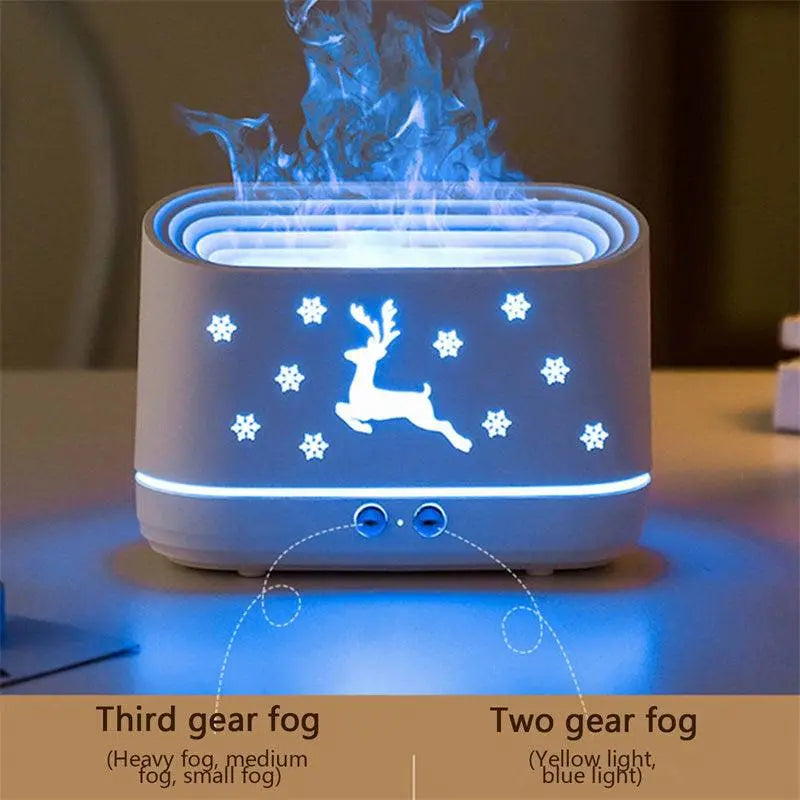 Christmas flame effect essential oil diffuser with reindeer and snowflake design emitting blue aromatherapy mist