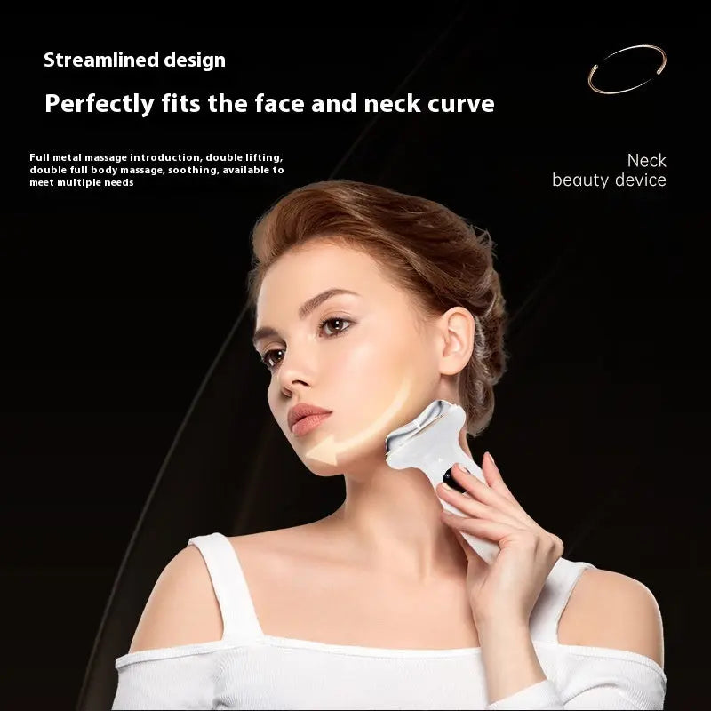 Woman using a neck beauty device with text on a black background