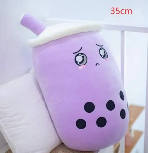Plush boba stuffed toy in purple with embroidered eyes, soft fabric, 35cm size bubble tea pillow plushie
