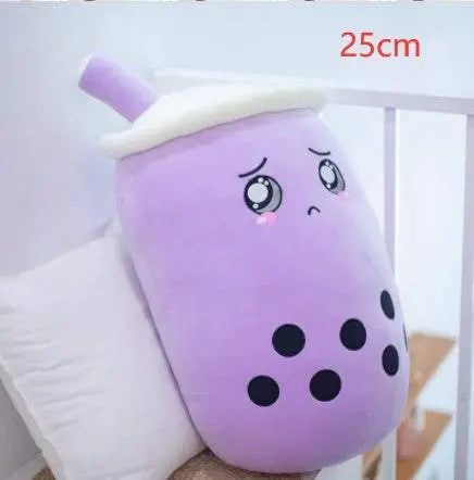 25cm purple plush boba stuffed toy with embroidered eyes and black tapioca pearls