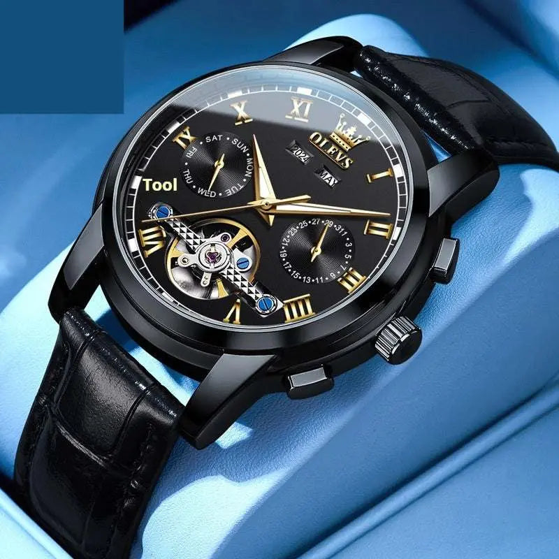 OLEVS men's waterproof luminous multifunctional automatic mechanical watch with black leather strap and black dial