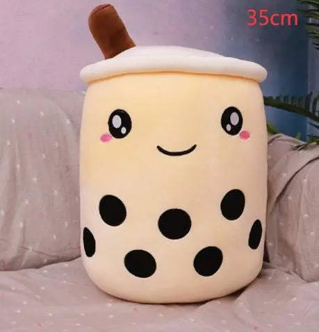 35cm plush boba stuffed toy with cute embroidered face and black tapioca pearls