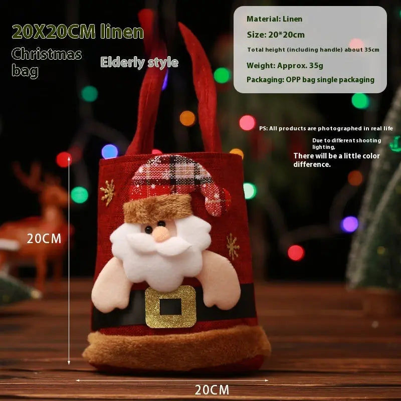 Christmas gift tote bag with Santa Claus design, 20x20cm linen cloth, festive reusable holiday gift bag
